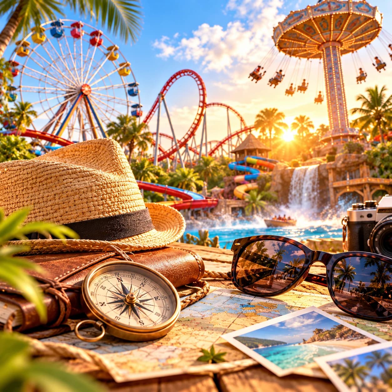 Chapeau d'explorateur et boussole devant un parc d'attractions tropical