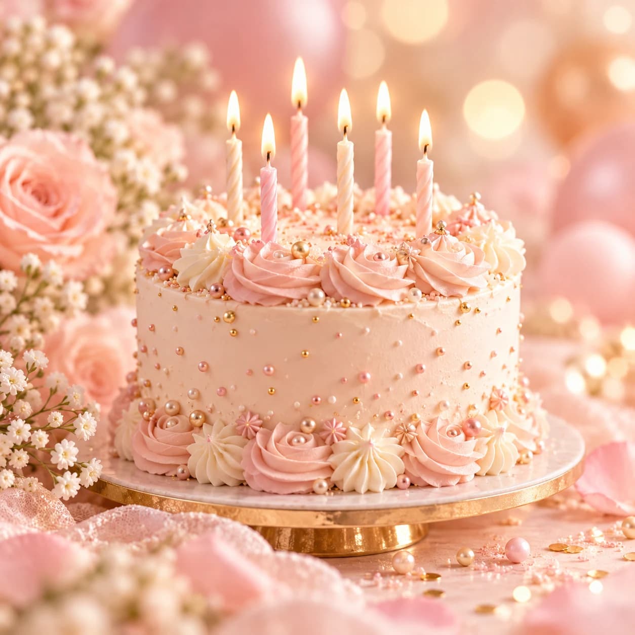 Gâteau d'anniversaire rose et doré avec bougies allumées