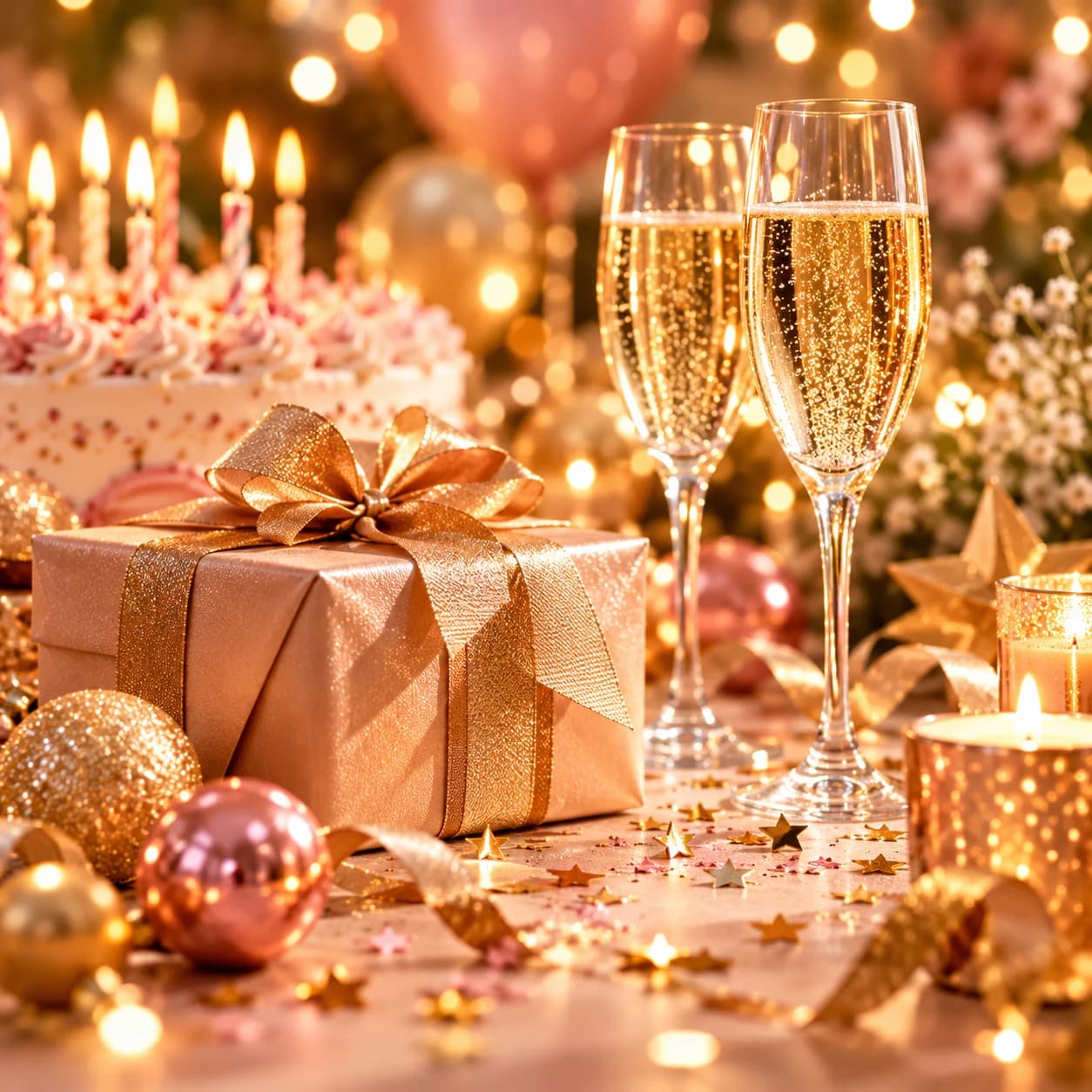 Coupes de champagne et cadeaux dans une ambiance festive scintillante