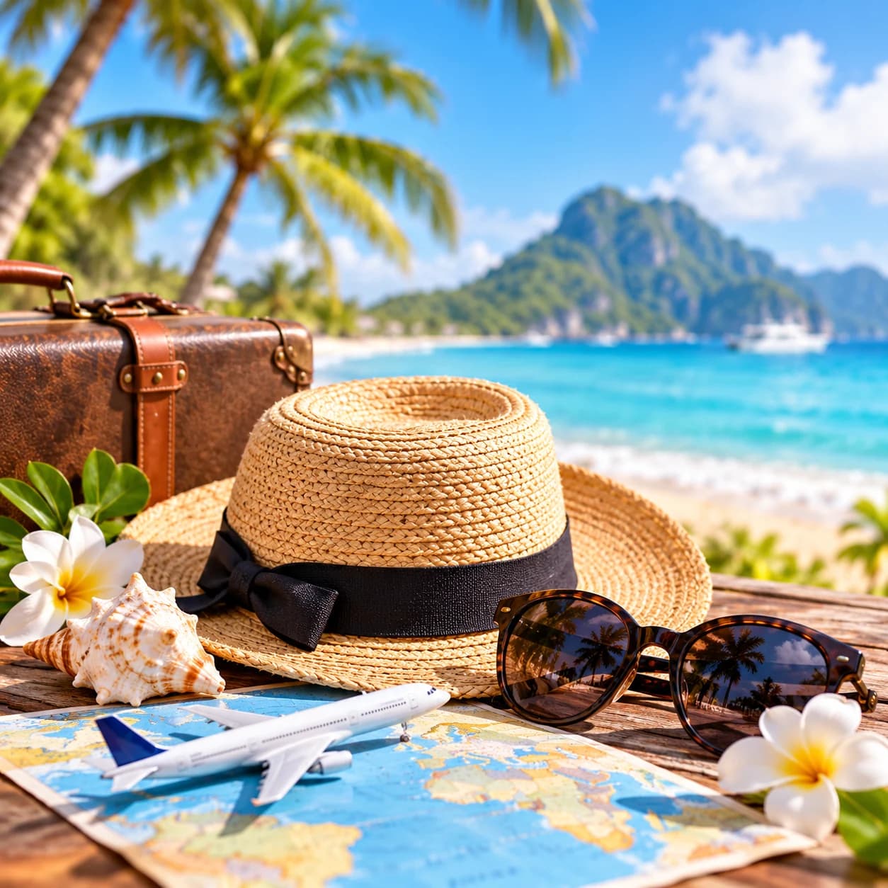 Chapeau de paille, lunettes de soleil et accessoires de voyage devant une plage tropicale