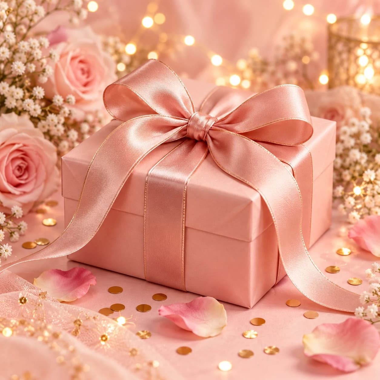 Boîte cadeau rose avec un ruban et un bouton lecture