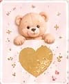 Ourson en peluche au nœud rose au-dessus d'un cœur doré à gratter, entouré de fleurs pastel
