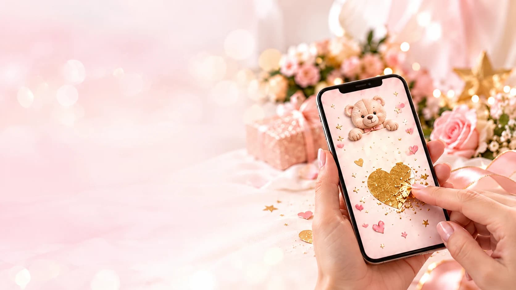 Main tenant un smartphone qui affiche une carte à gratter avec un ourson et un cœur doré, entourée de roses et de cadeaux