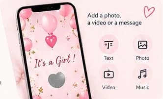 Aperçu d'une carte « C'est une fille ! » avec texte, photo, vidéo ou musique