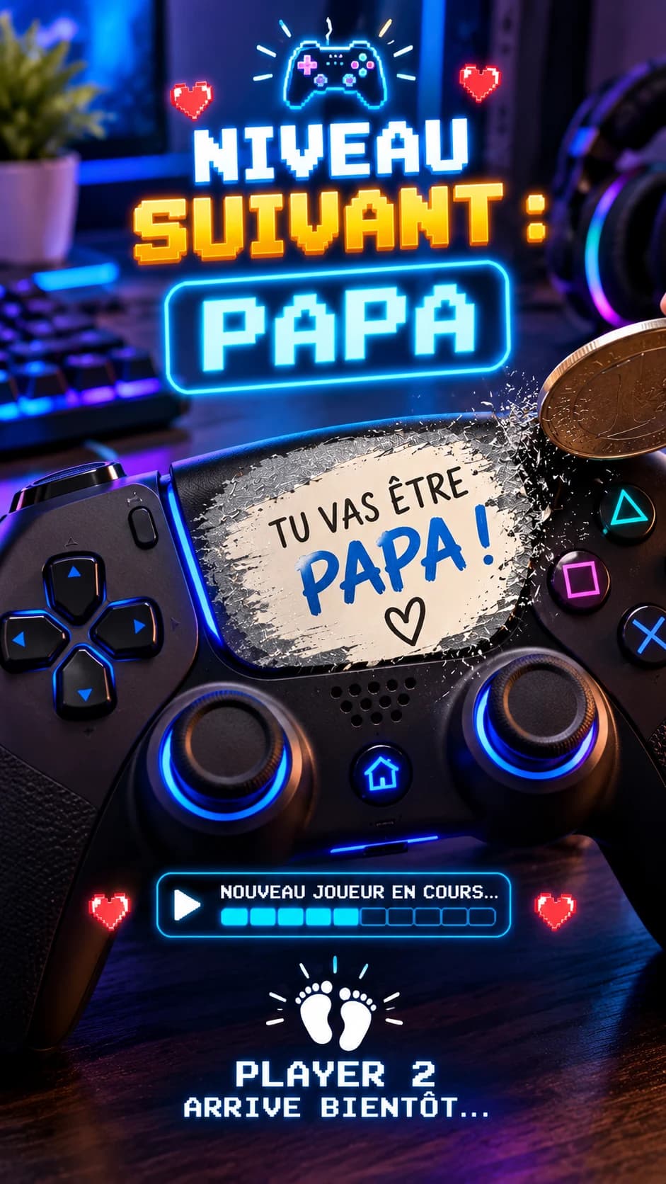 Manette de jeu aux néons, « Niveau suivant : papa », message « Tu vas être papa ! » à gratter, « Player 2 arrive bientôt… »