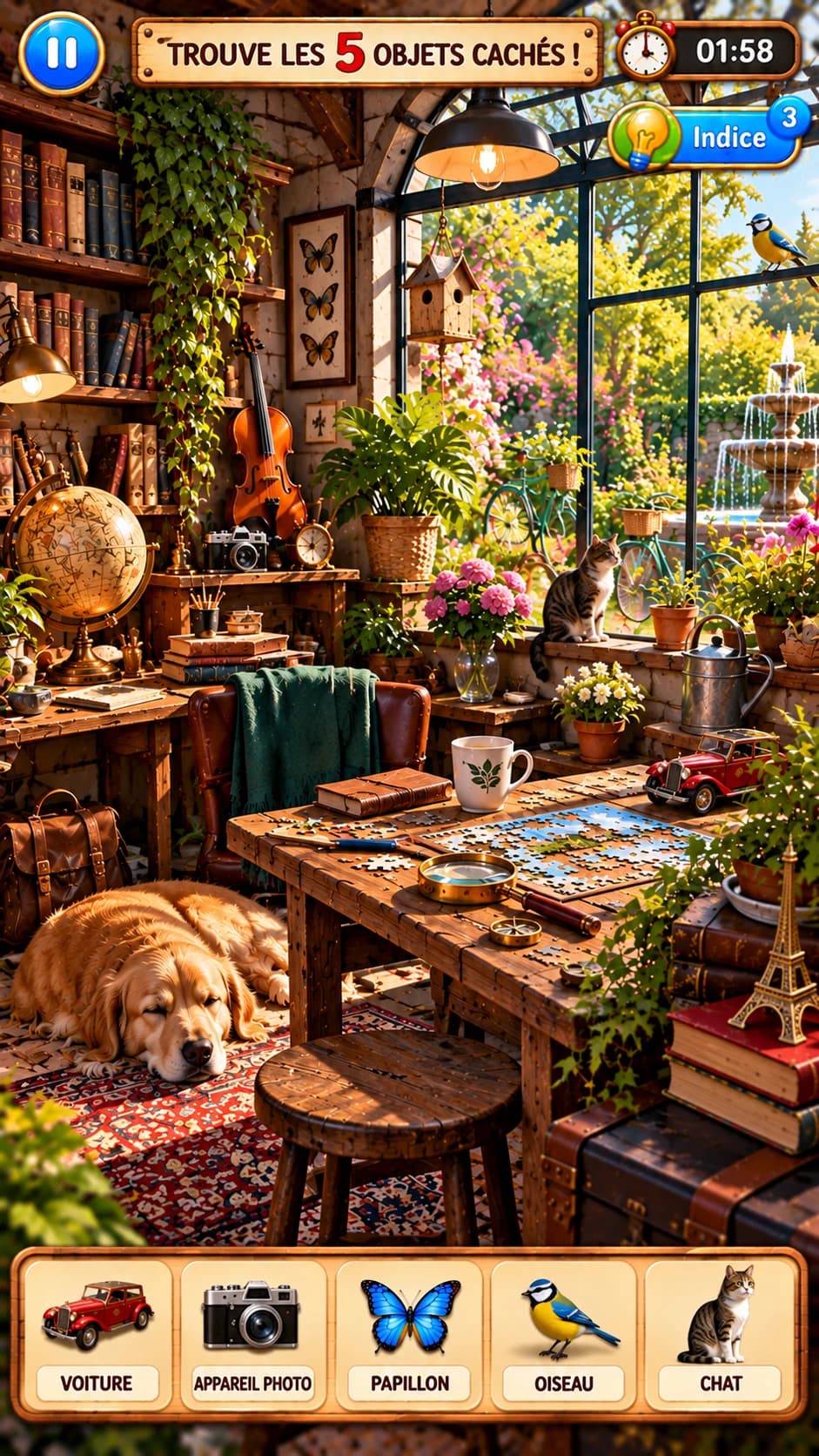 Atelier ensoleillé ouvert sur le jardin : violon, globe, puzzle, chien endormi, chat à la fenêtre, voiture miniature ; « Trouve les 5 objets cachés ! »
