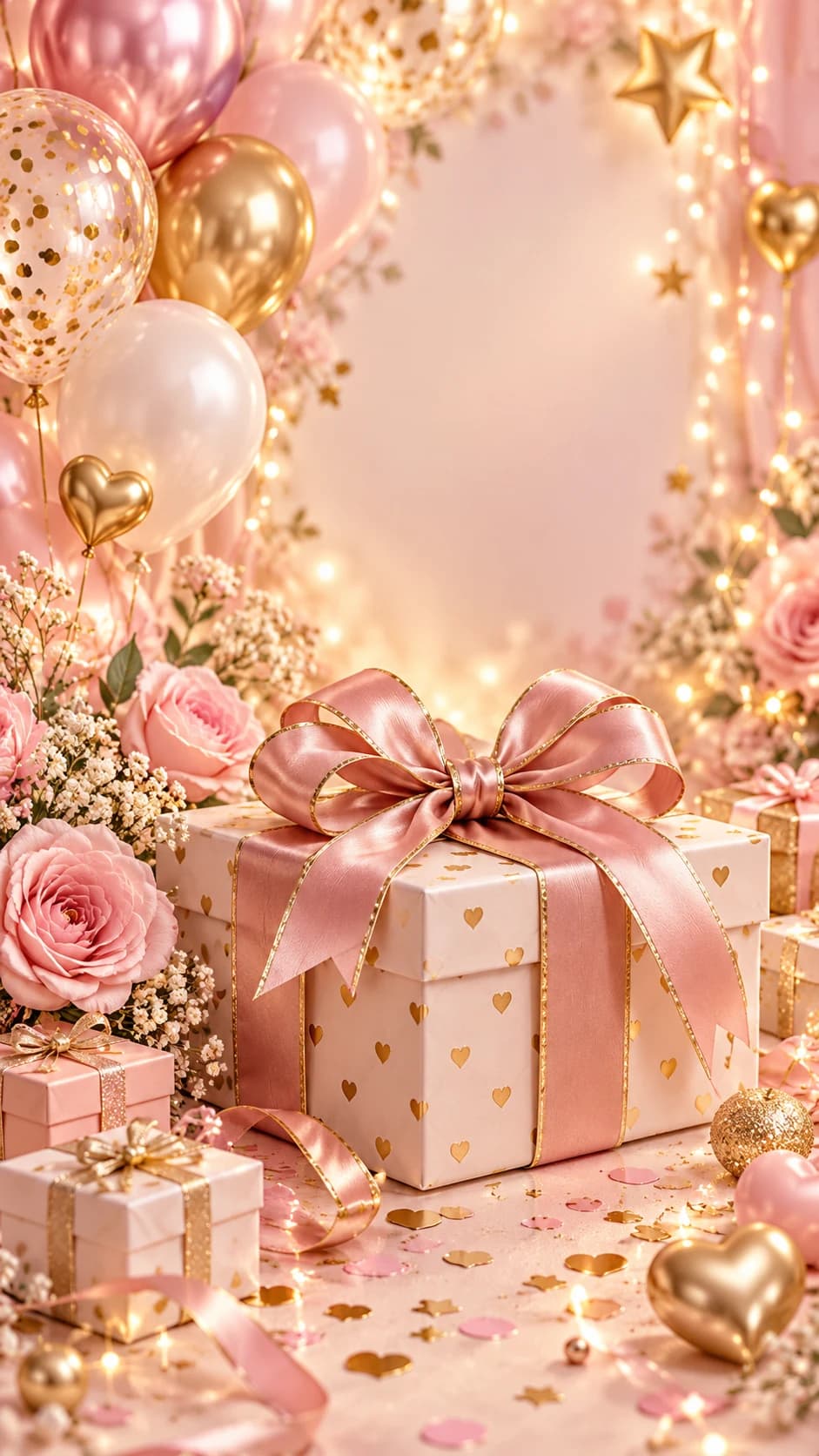Cadeau rose et doré noué d'un grand ruban satiné, entouré de ballons, de roses et de guirlandes lumineuses