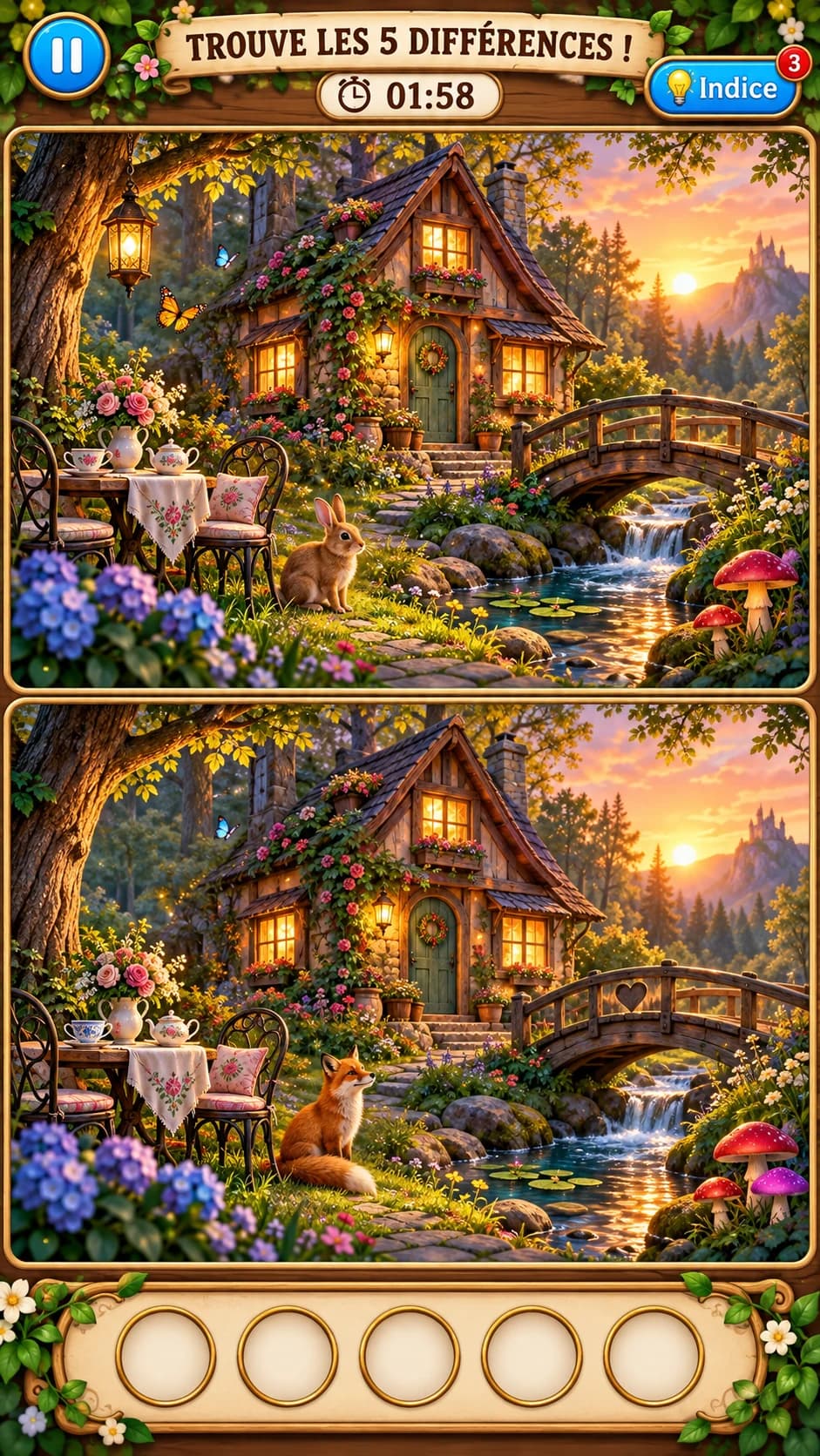 Deux images presque identiques d'un cottage enchanté en forêt au coucher du soleil : table à thé, lapin, pont de bois, champignons ; « Trouve les 5 différences ! »