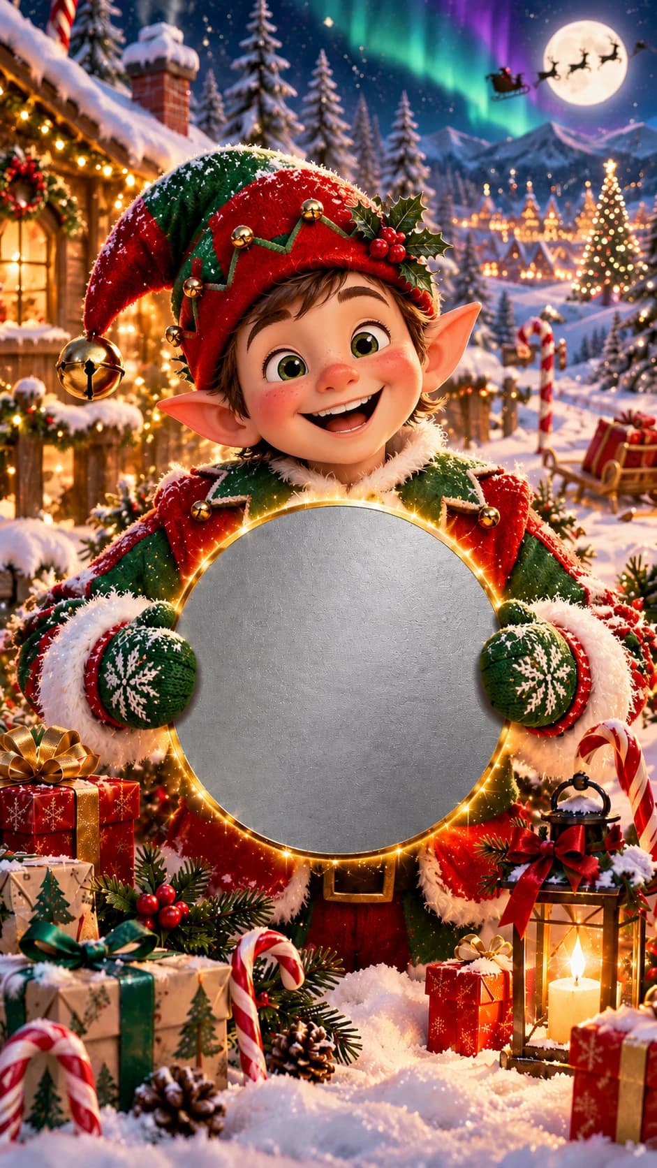 Lutin de Noël malicieux tenant une pastille argentée à gratter, village enneigé, aurore boréale et cadeaux au pied