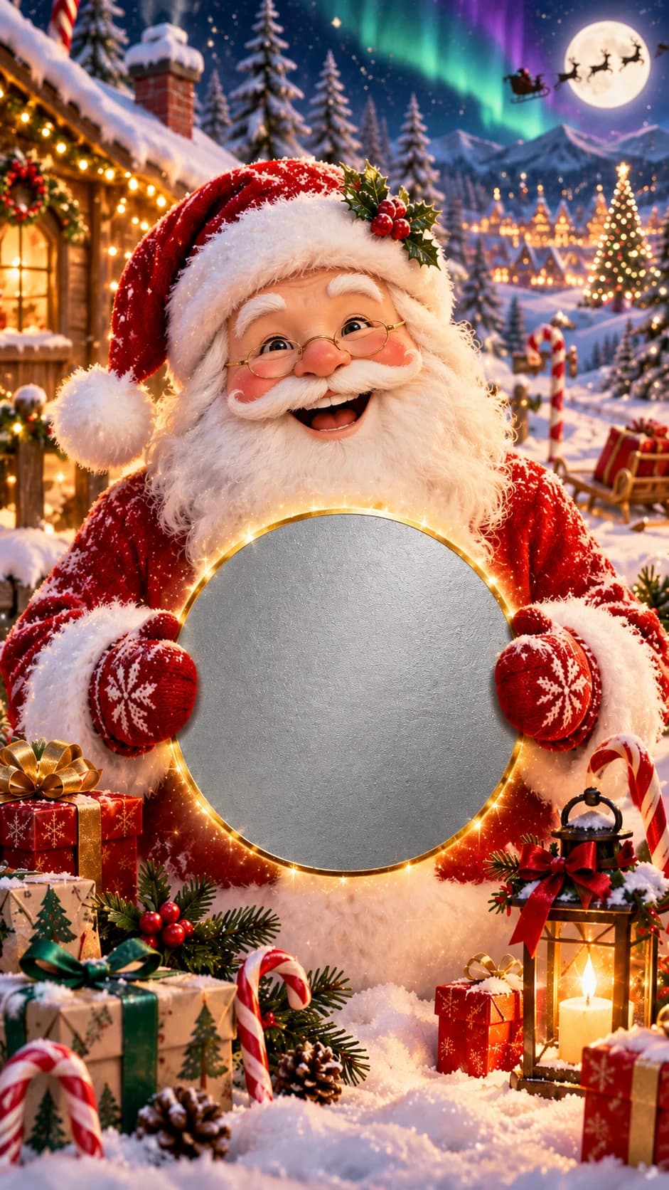 Père Noël souriant tenant une pastille argentée à gratter, village enneigé, aurore boréale et cadeaux au pied