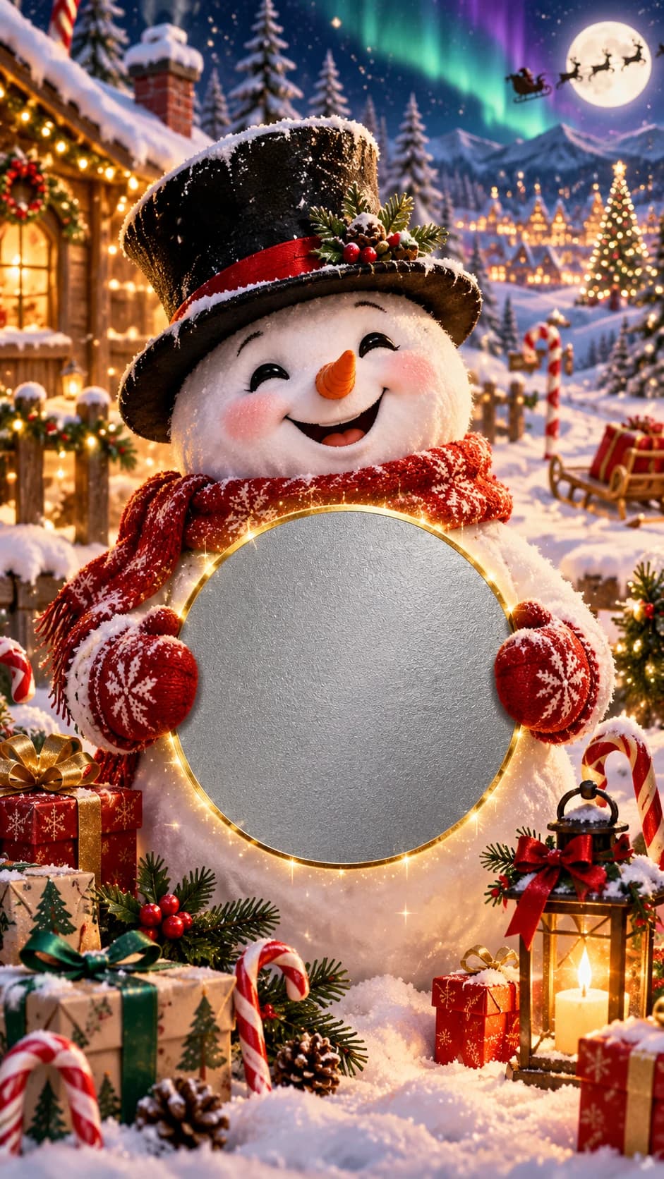 Bonhomme de neige au chapeau haut-de-forme tenant une pastille argentée à gratter, village enneigé, aurore boréale et cadeaux