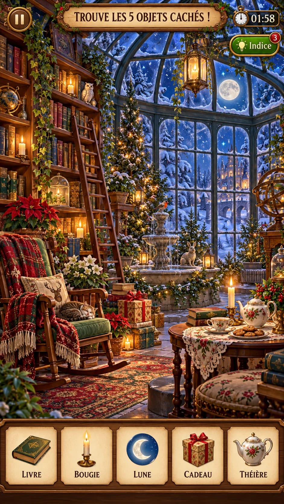 Jardin d'hiver enchanté : bibliothèque, sapin, fontaine, cadeaux, chat endormi, thé et biscuits sous la verrière enneigée ; « Trouve les 5 objets cachés ! »
