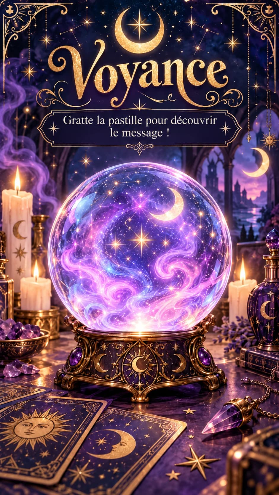 Boule de cristal aux volutes mauves et étoilées sur un socle doré, bougies, cartes de tarot et titre « Voyance »