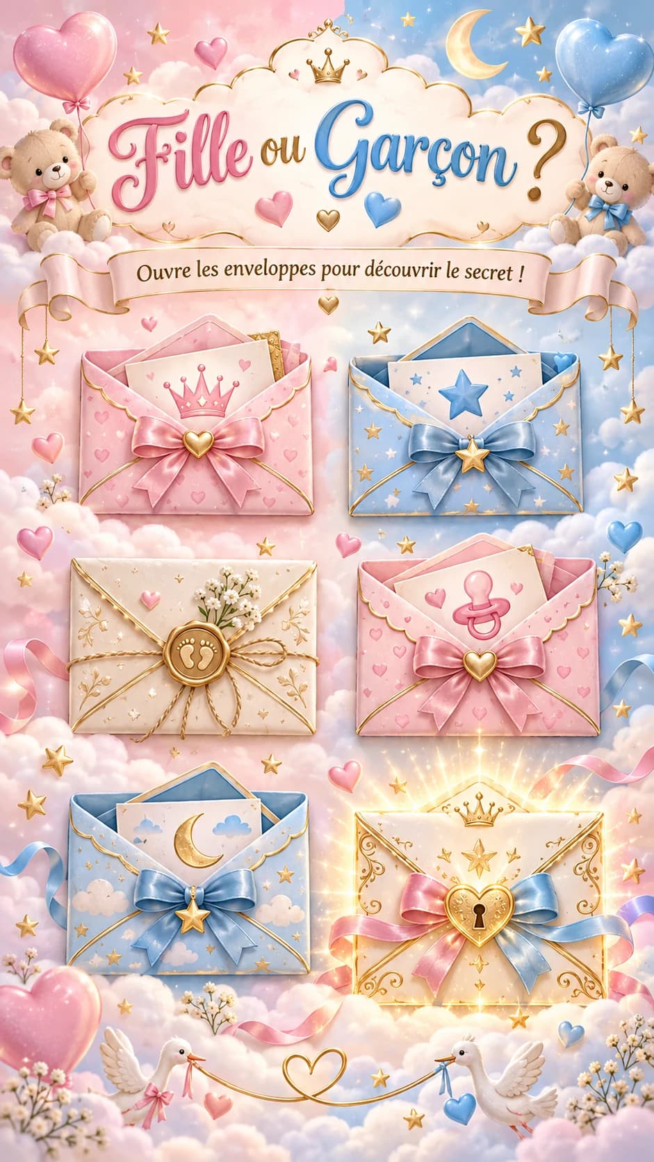 Six enveloppes roses, bleues et dorée dans les nuages, oursons, cigognes et titre « Fille ou garçon ? »