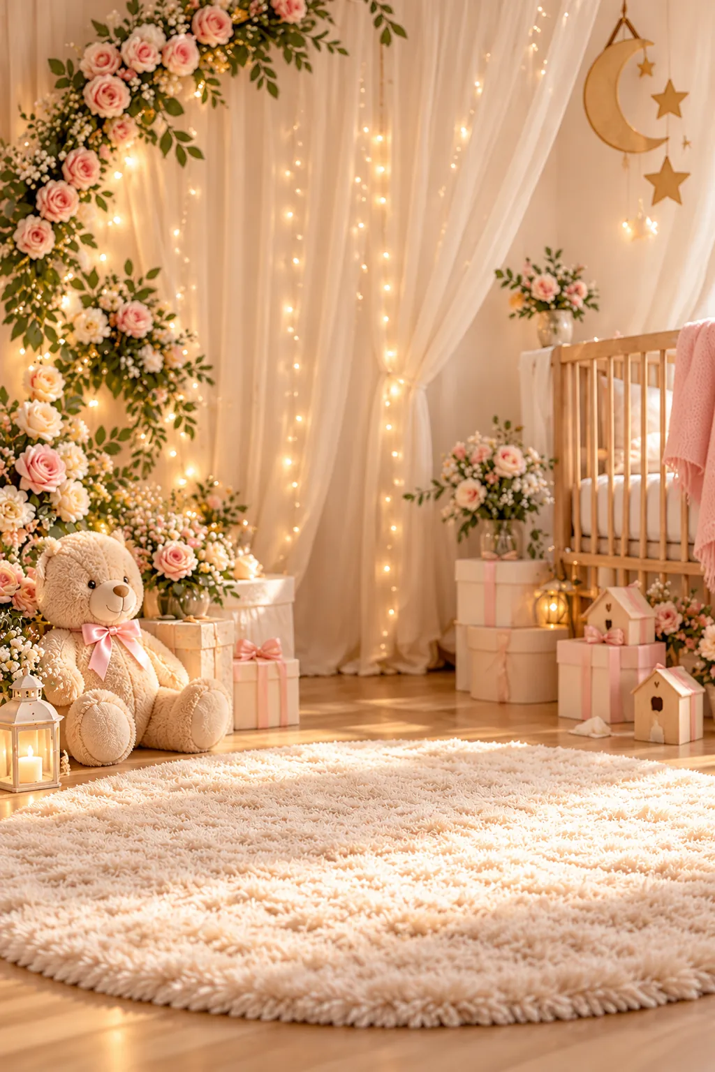 Chambre de bébé fleurie avec peluches, bouquets de roses et lit à barreaux, et un grand ballon noir