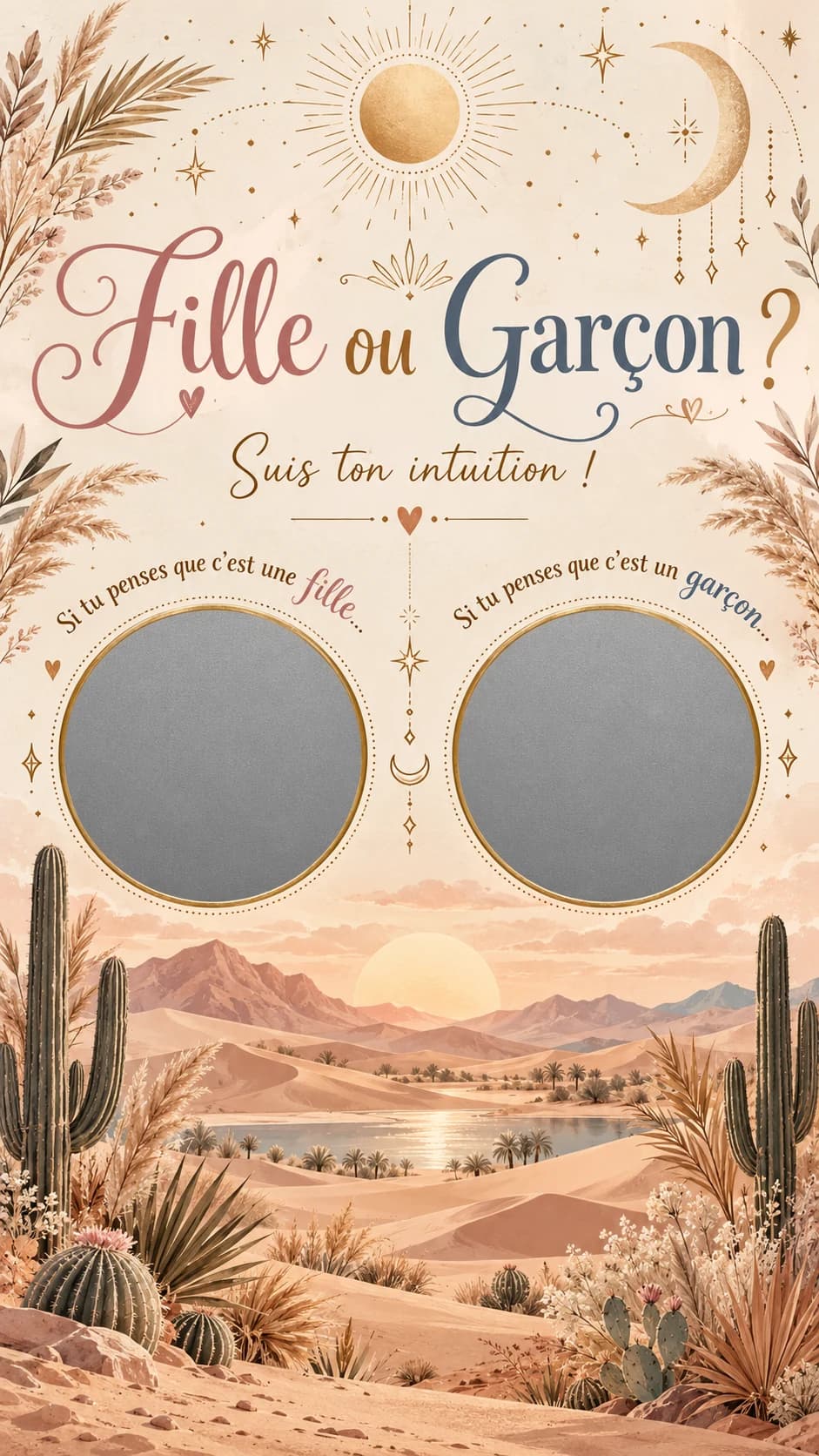 Désert bohème à l'aquarelle, soleil et lune dorés, cactus et oasis, titre « Fille ou garçon ? » et deux pastilles argentées à gratter