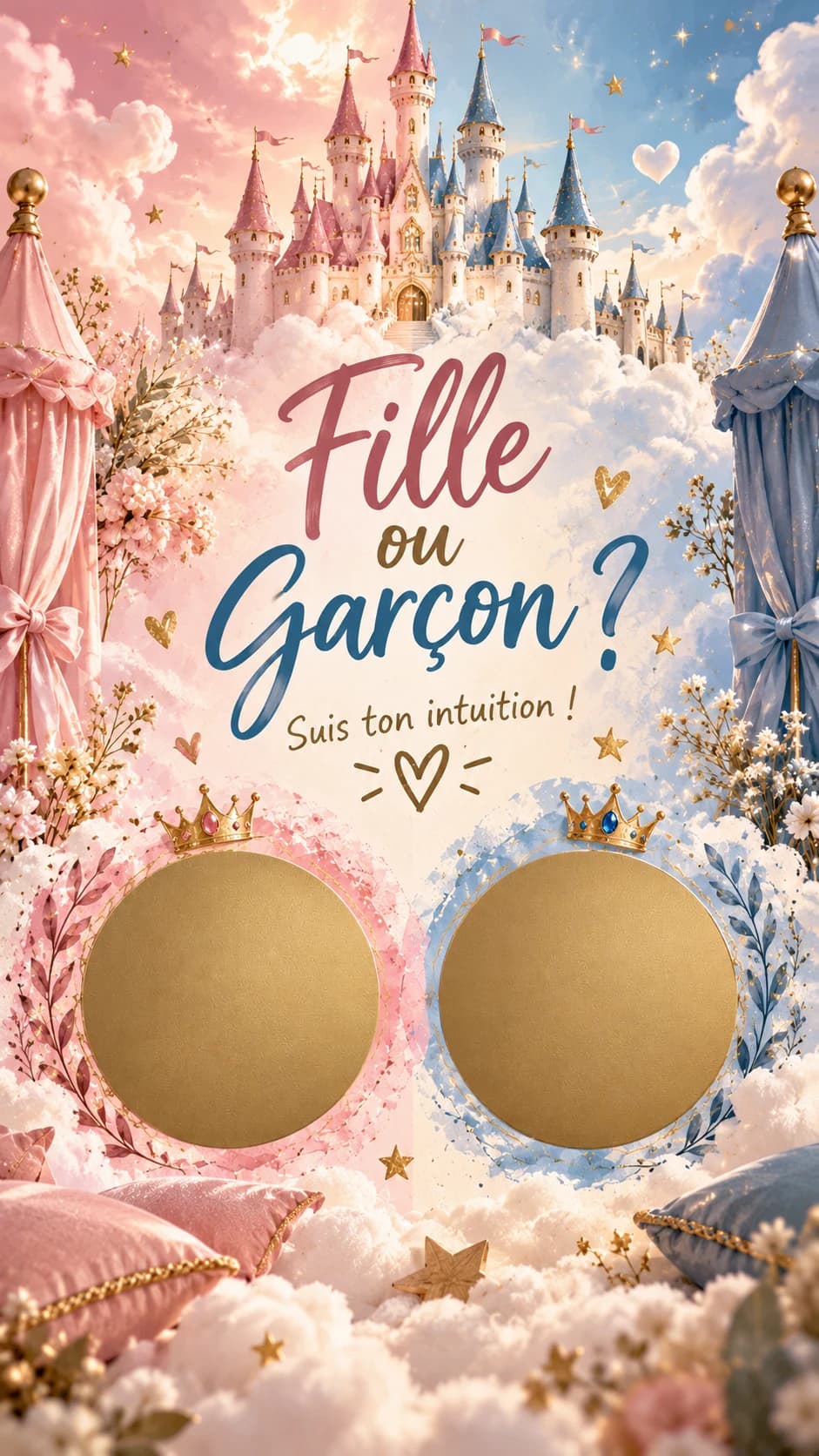 Château de conte de fées dans les nuages, couronnes rose et bleue, titre « Fille ou garçon ? » et deux pastilles dorées à gratter
