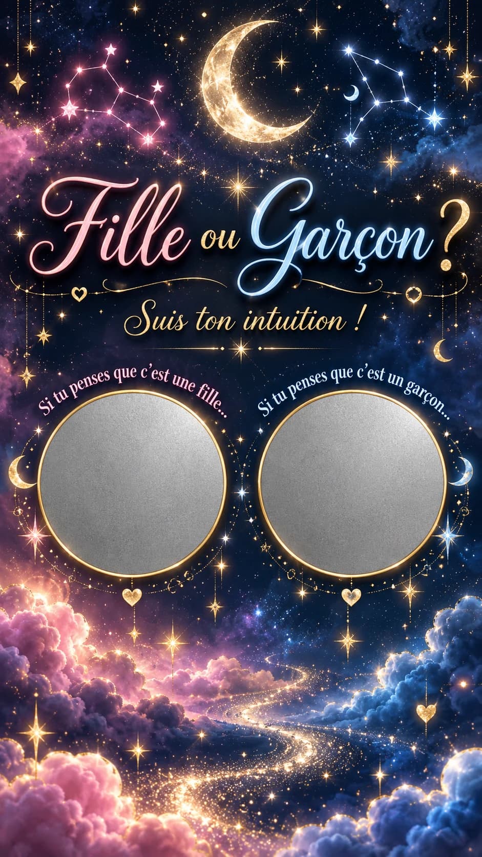 Ciel étoilé, constellations rose et bleue, croissant de lune, titre « Fille ou garçon ? » et deux pastilles argentées à gratter