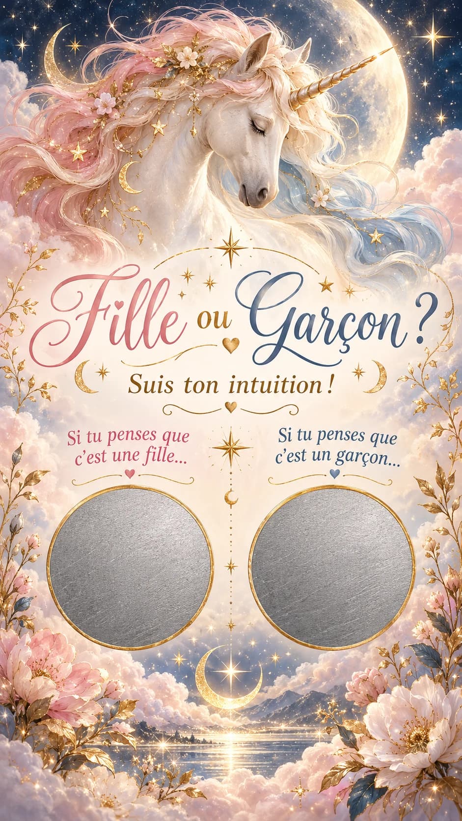 Licorne à la crinière rose et bleue sous la lune, nuages et fleurs, titre « Fille ou garçon ? » et deux pastilles argentées à gratter