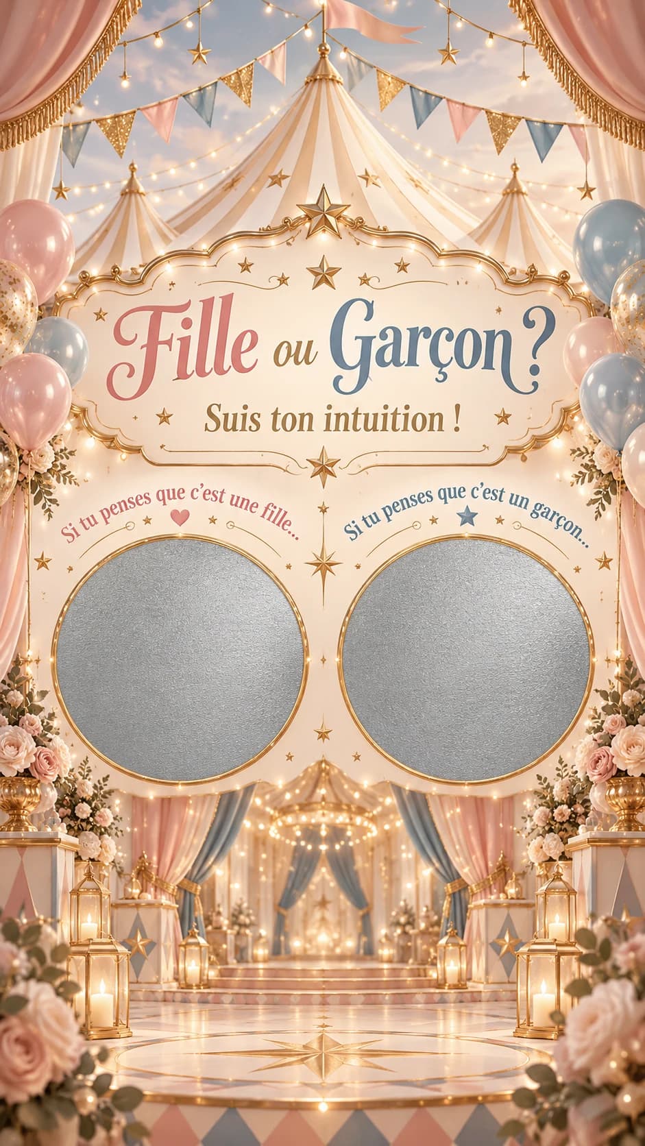 Chapiteau de cirque pastel, ballons et lanternes, titre « Fille ou garçon ? » et deux pastilles argentées à gratter