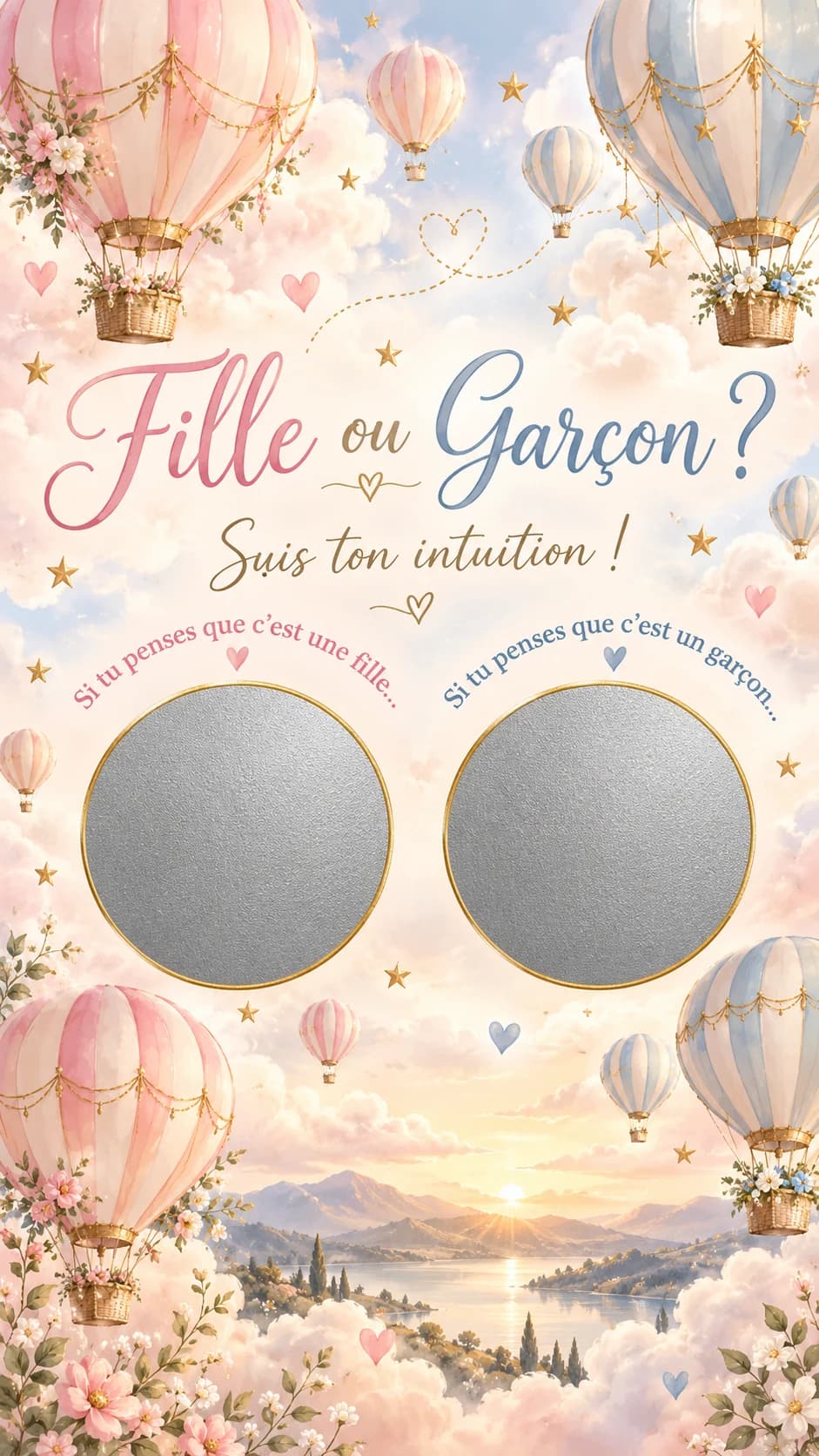 Montgolfières roses et bleues au-dessus d'un lac, titre « Fille ou garçon ? » et deux pastilles argentées à gratter