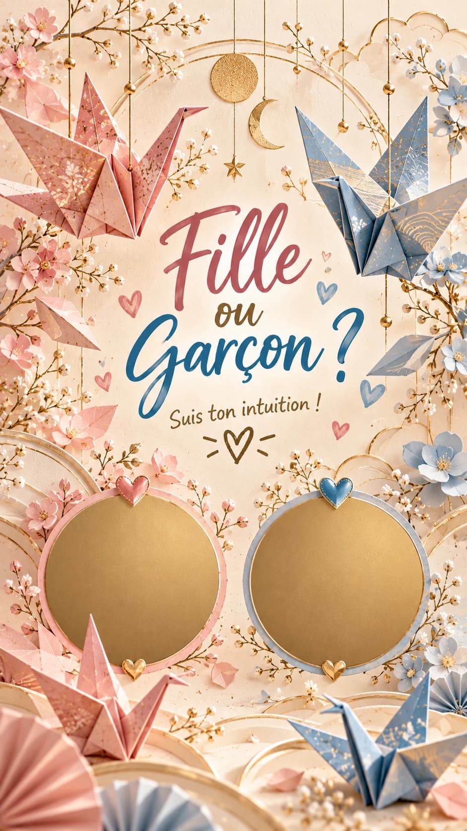 Grues en origami rose et bleu, fleurs de cerisier et lune dorée, titre « Fille ou garçon ? » et deux pastilles dorées à gratter