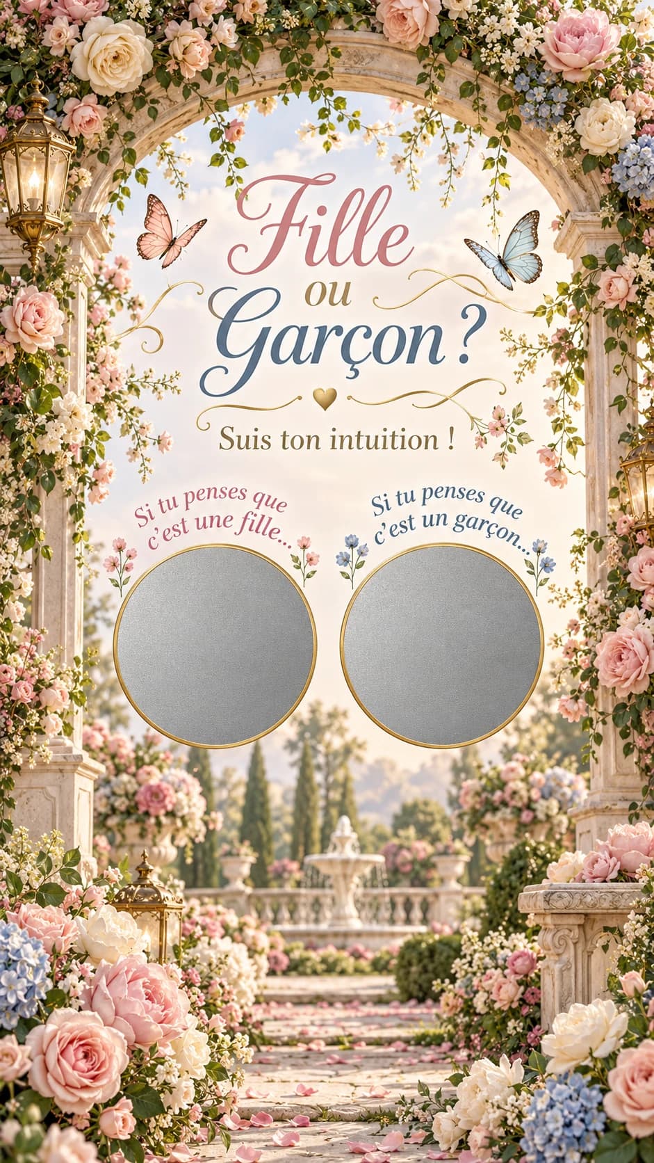 Arche fleurie de roses dans un jardin à la française, papillons, titre « Fille ou garçon ? » et deux pastilles argentées à gratter