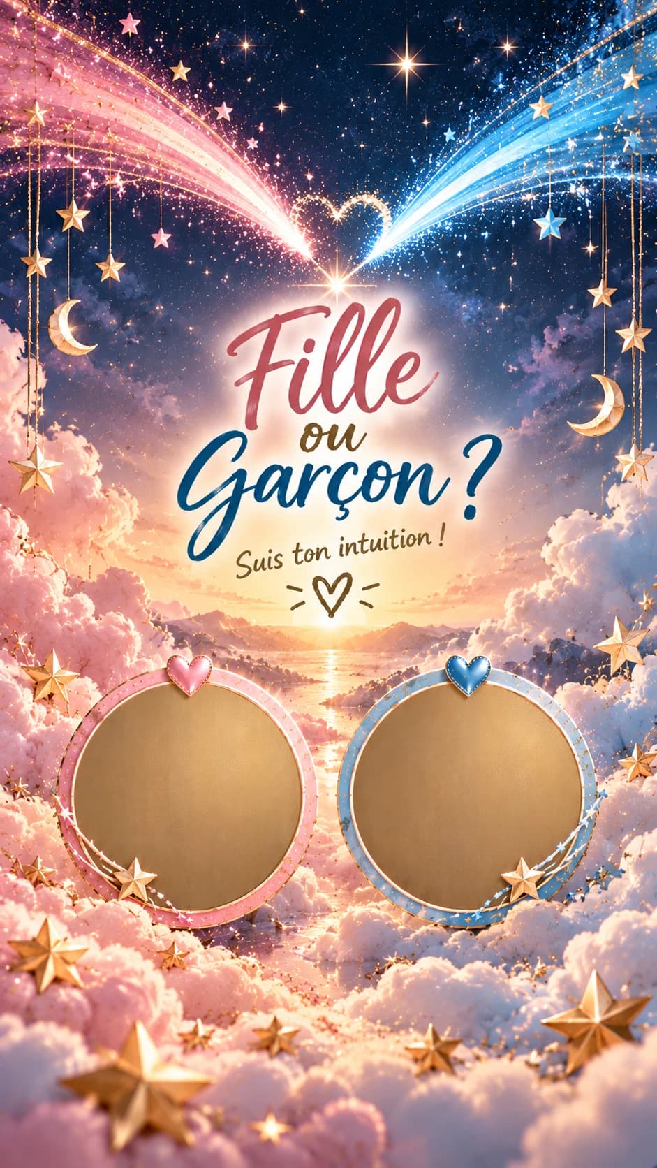 Deux étoiles filantes rose et bleue formant un cœur au-dessus des nuages, titre « Fille ou garçon ? » et deux pastilles dorées à gratter