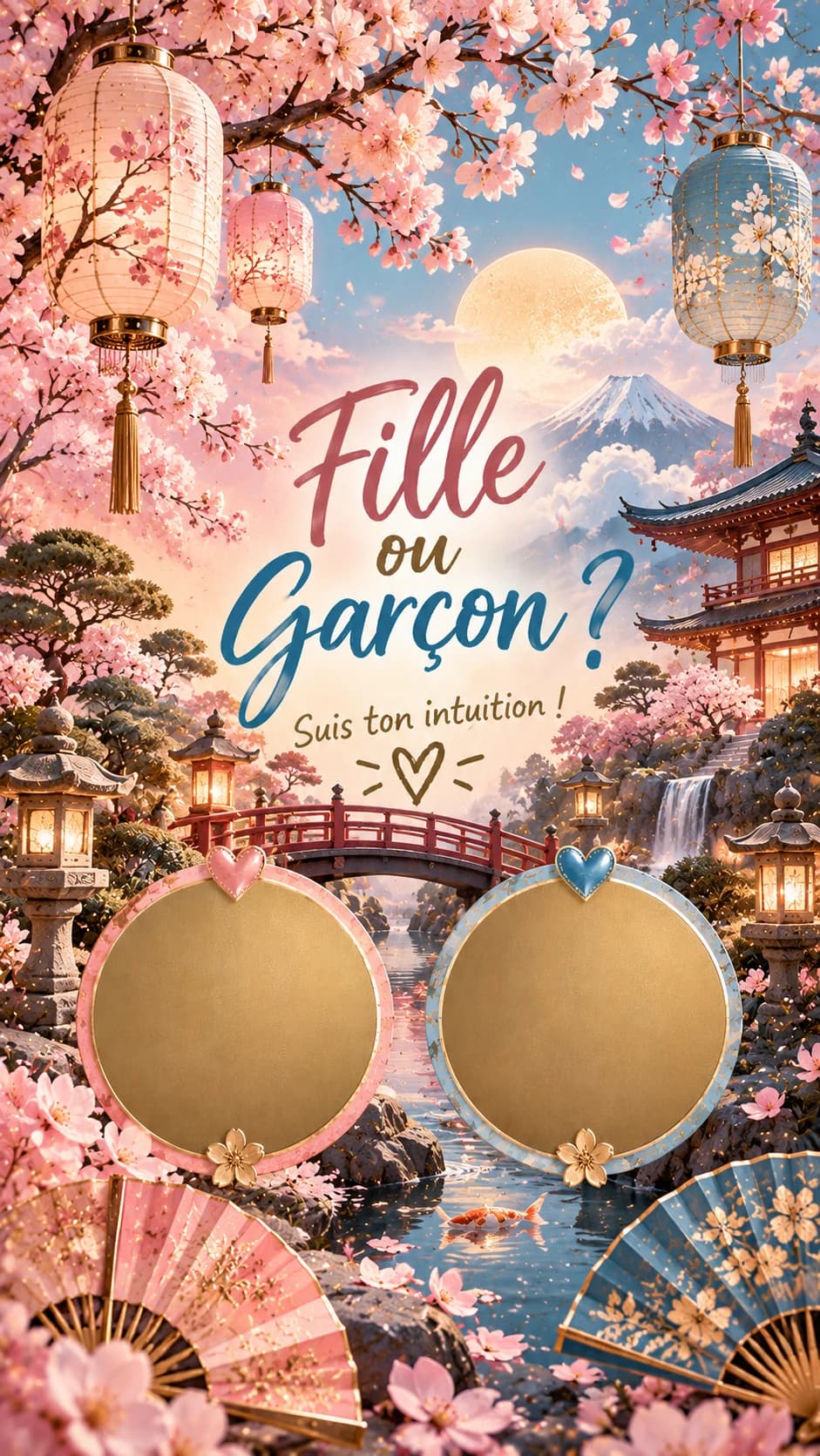 Jardin japonais enchanté, cerisiers en fleurs, lanternes et pont rouge, titre « Fille ou garçon ? » et deux pastilles dorées à gratter