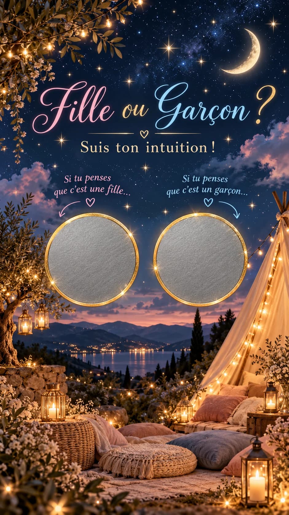 Soirée étoilée en plein air, guirlandes lumineuses, tipi et lanternes, titre « Fille ou garçon ? » et deux pastilles argentées à gratter