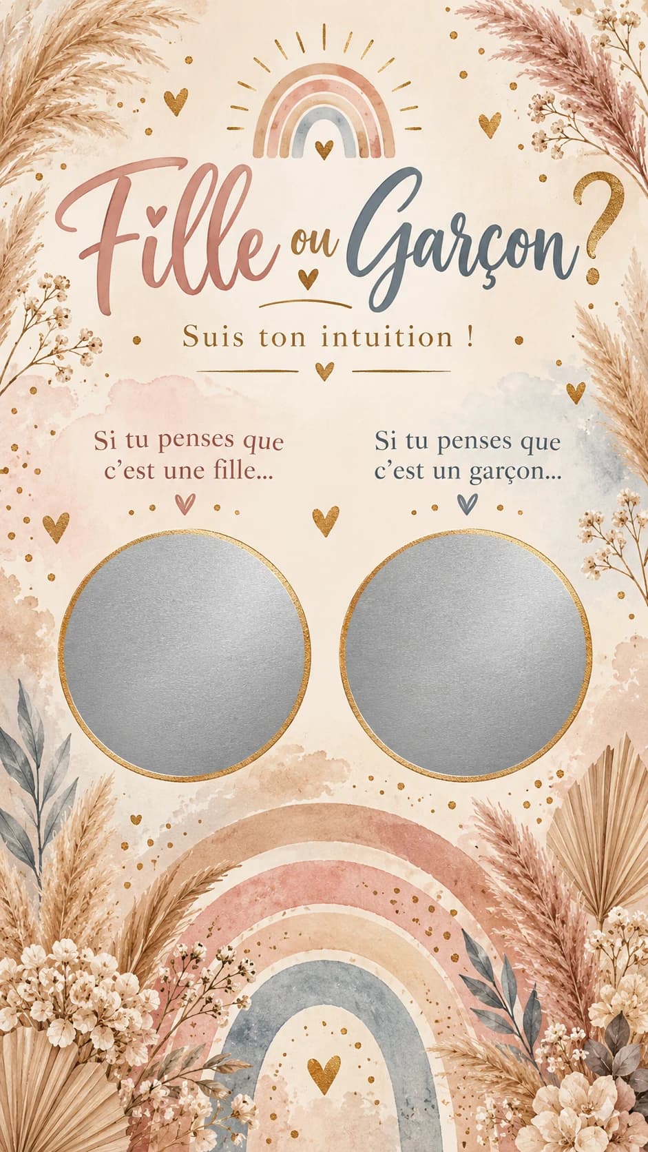Arcs-en-ciel bohèmes à l'aquarelle et herbes de la pampa, titre « Fille ou garçon ? » et deux pastilles argentées à gratter