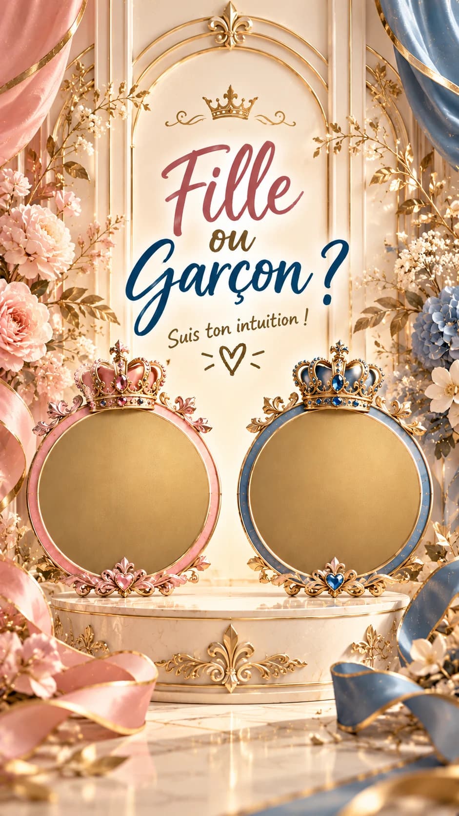 Salon royal ivoire et or, couronnes rose et bleue sur deux médaillons, titre « Fille ou garçon ? » et deux pastilles dorées à gratter