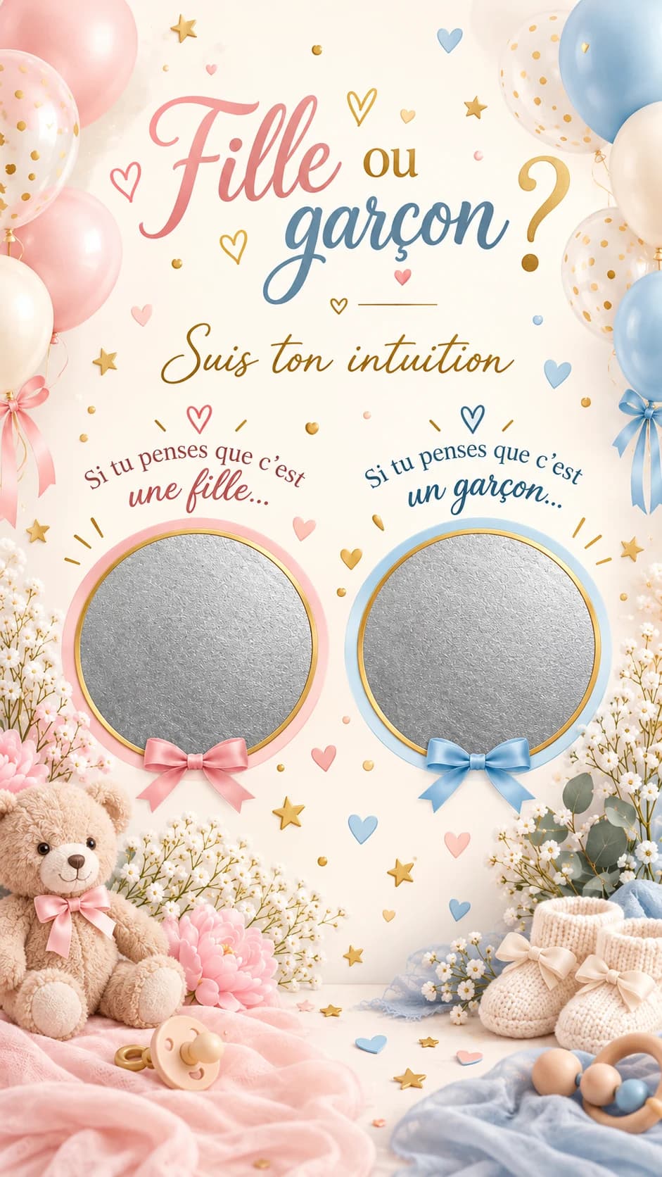 Carte « Fille ou garçon ? » avec deux pastilles argentées à gratter, ballons roses et bleus, ourson et chaussons