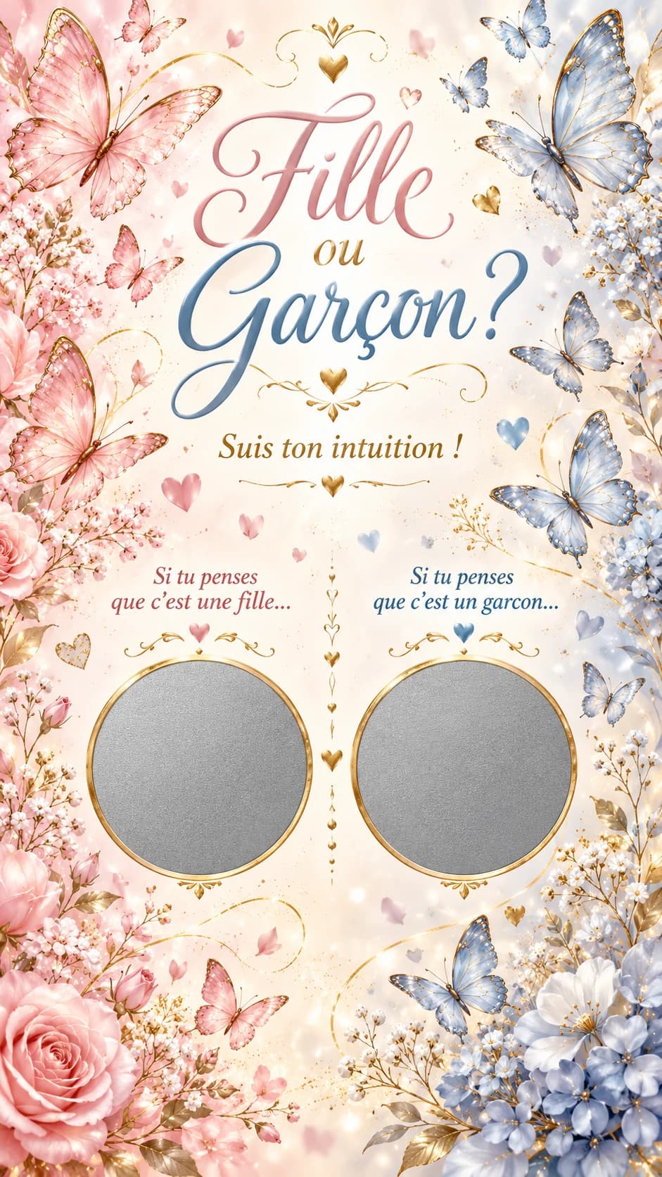 Papillons rose et bleu, roses et gypsophile, titre « Fille ou garçon ? » et deux pastilles argentées à gratter