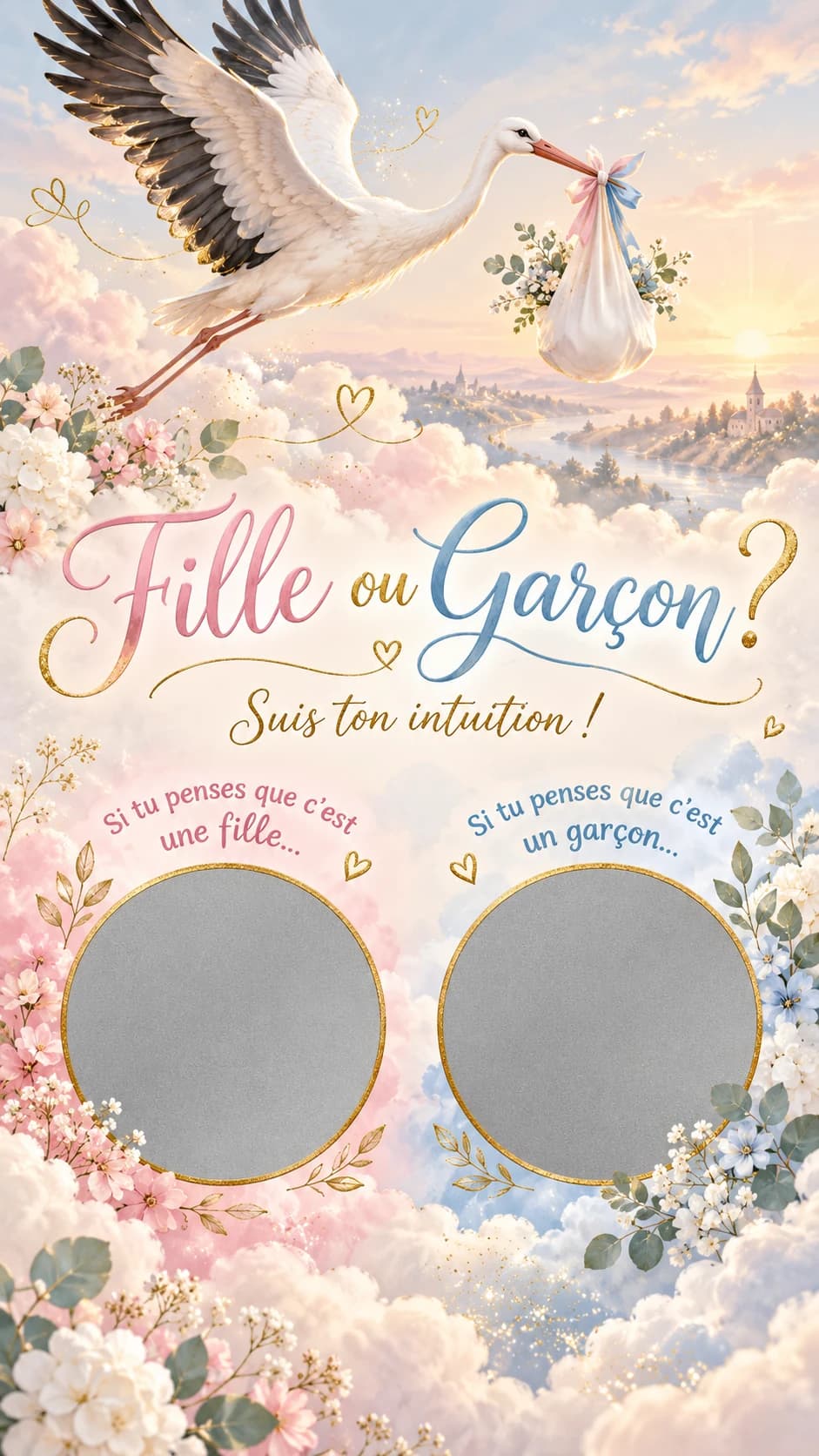 Cigogne portant un baluchon au-dessus des nuages, titre « Fille ou garçon ? » et deux pastilles argentées à gratter