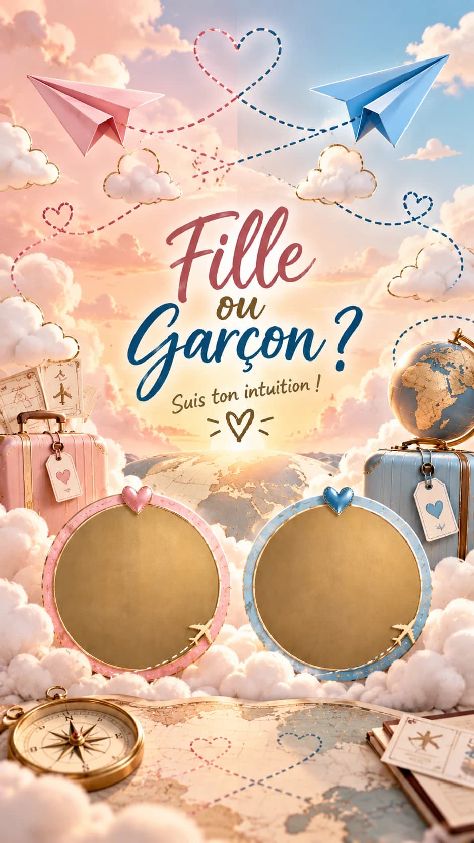 Avions en papier rose et bleu, valises et globe dans les nuages, titre « Fille ou garçon ? » et deux pastilles dorées à gratter