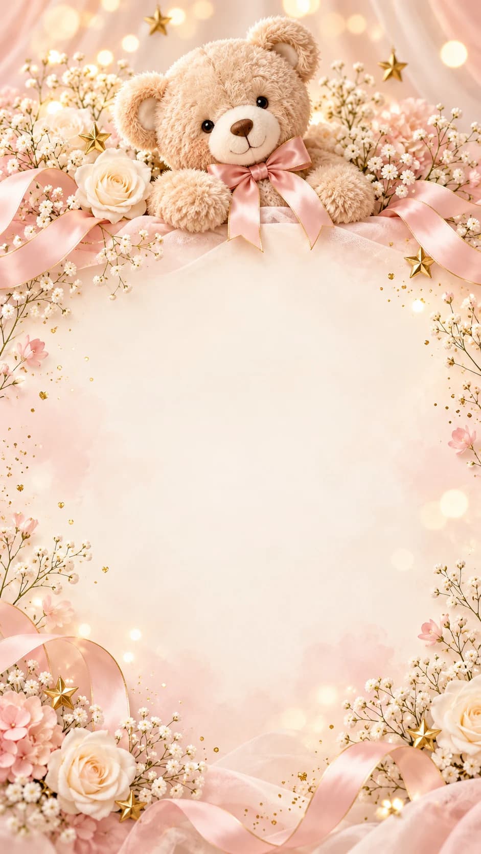 Ourson en peluche au nœud rose au-dessus d'un cadre crème entouré de roses, de gypsophile et d'étoiles dorées