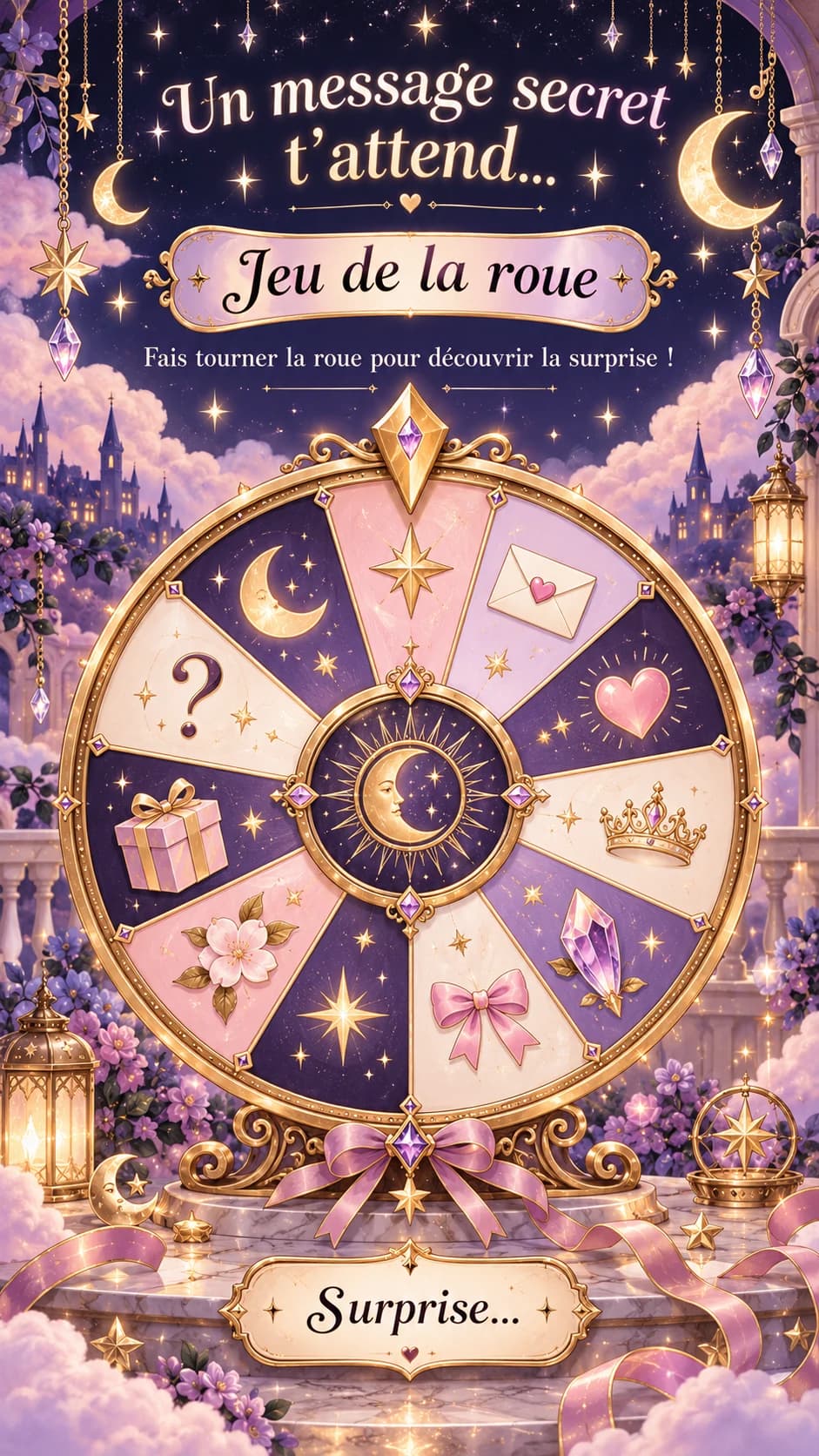 Roue dorée aux cases violettes et roses sous un ciel étoilé, château et lune, titre « Un message secret t'attend… Jeu de la roue »