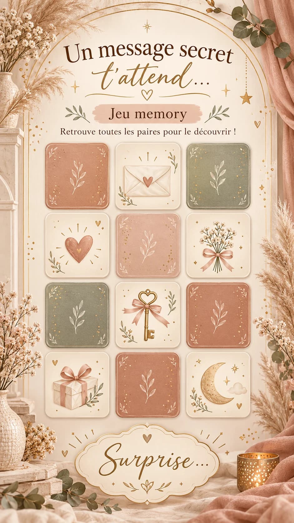 Jeu de memory bohème : douze cartes vieux rose, sauge et crème (enveloppe, cœur, bouquet, clé, cadeau, lune), titre « Un message secret t'attend… »