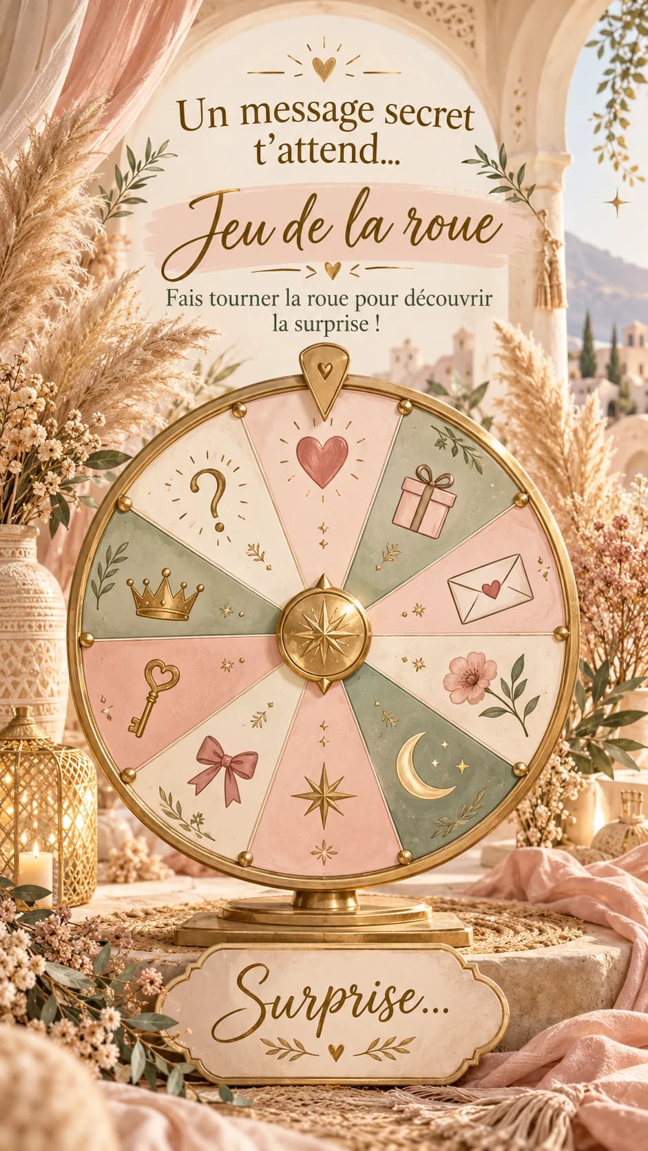 Roue bohème aux cases vieux rose, sauge et crème sur pied doré, herbes de la pampa, titre « Un message secret t'attend… Jeu de la roue »