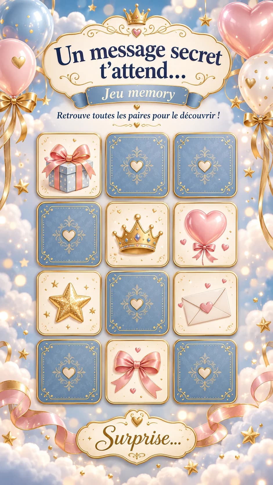 Jeu de memory bleu et crème dans les nuages : cadeau, couronne, ballon cœur, étoile, enveloppe et nœud, titre « Un message secret t'attend… »
