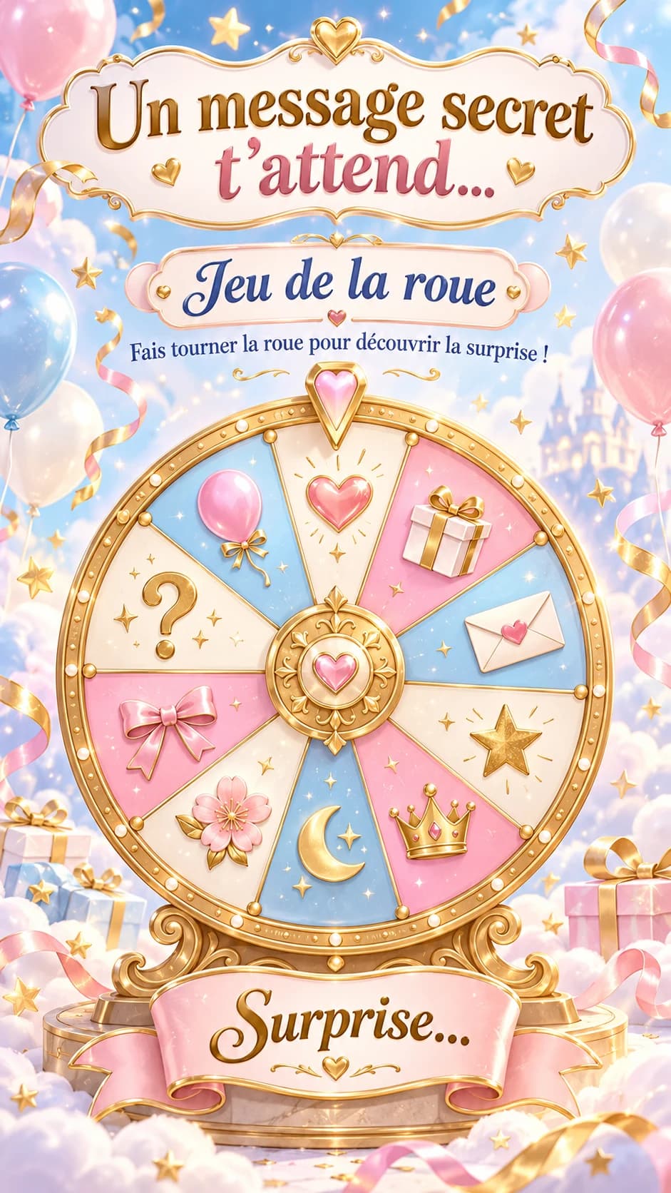 Roue dorée aux cases bleu ciel, roses et crème dans les nuages, ballons et cadeaux, titre « Un message secret t'attend… Jeu de la roue »
