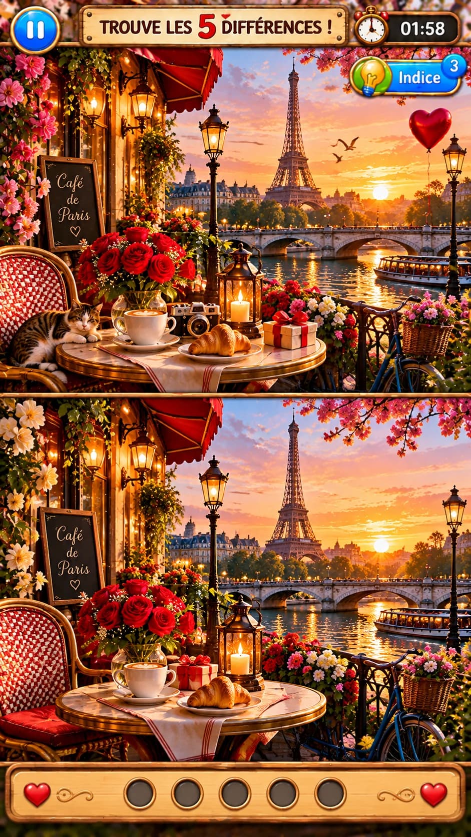 Deux images presque identiques d'une terrasse de café parisienne face à la tour Eiffel au coucher du soleil ; « Trouve les 5 différences ! »