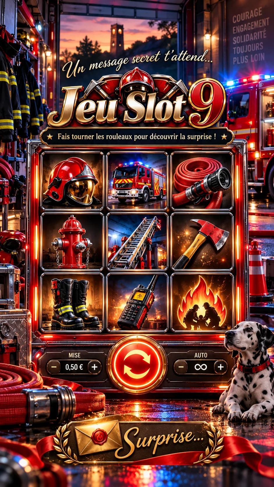 Machine à sous rouge et or « Jeu Slot 9 », casque, camion et outils de pompiers, titre « Un message secret t'attend »