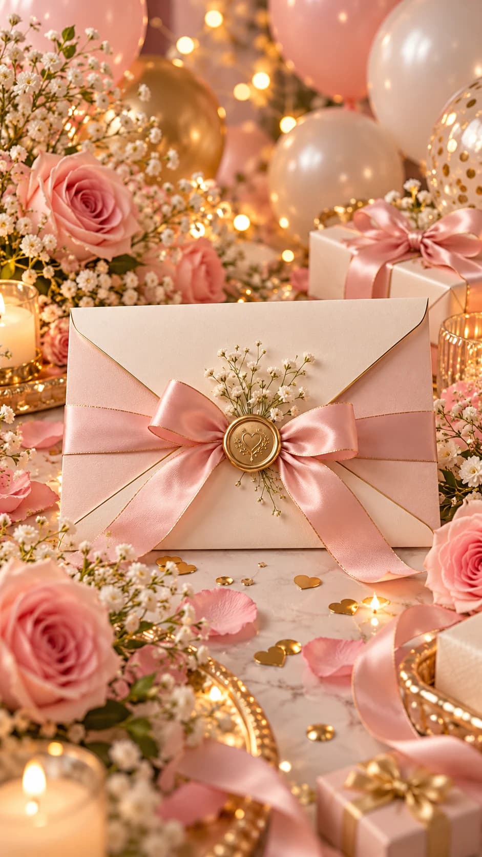 Enveloppe rose et crème scellée d'un cachet doré en cœur, nouée d'un ruban, entourée de roses et de bougies