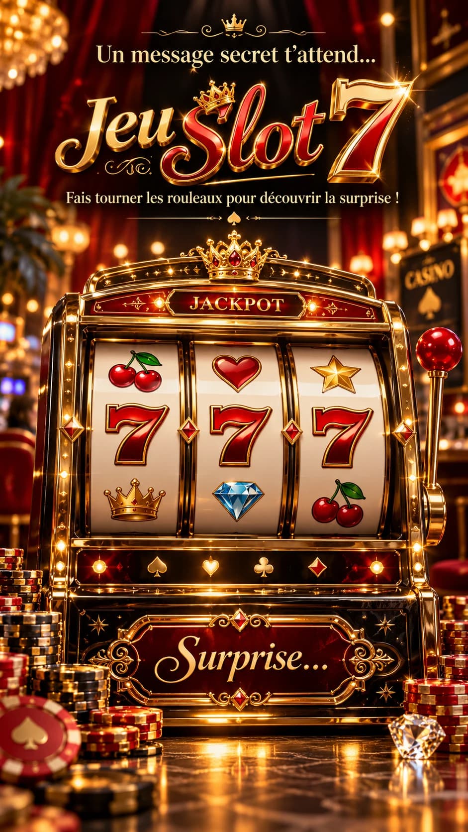 Machine à sous dorée de casino « Jackpot » avec levier rouge, trois 7 alignés, cerises, couronne et diamant