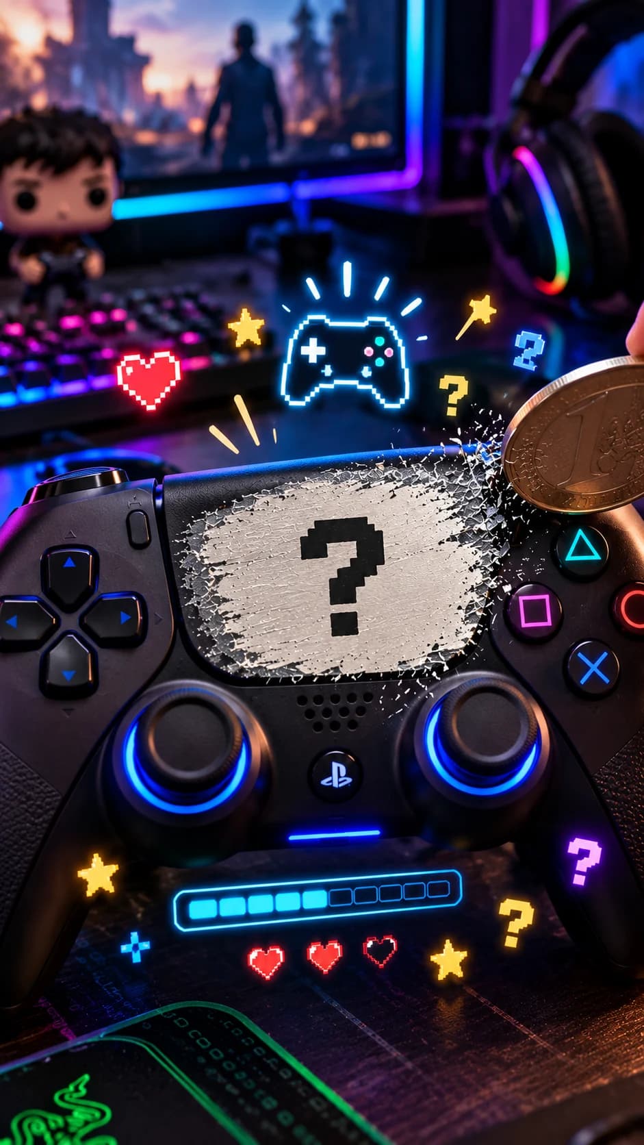 Manette de jeu aux néons bleus, zone argentée au « ? » pixelisé, cœurs et étoiles pixel art