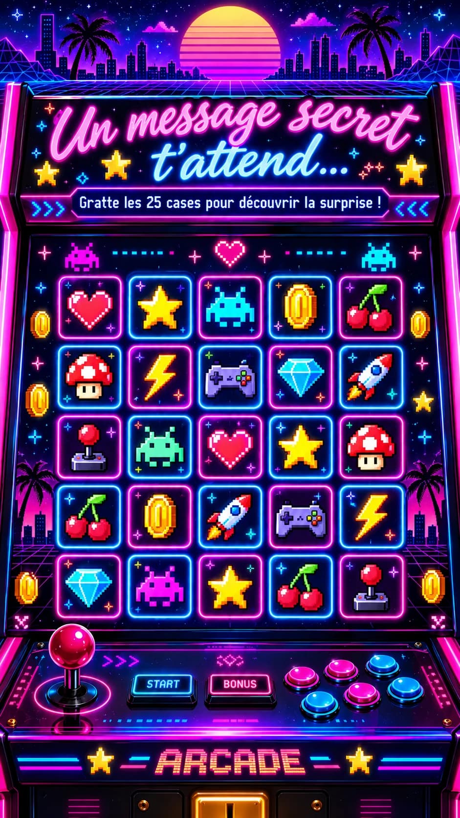 Borne d'arcade néon rose et bleue, 25 cases pixel art (cœur, étoile, envahisseur, pièce, cerises), titre « Un message secret t'attend »