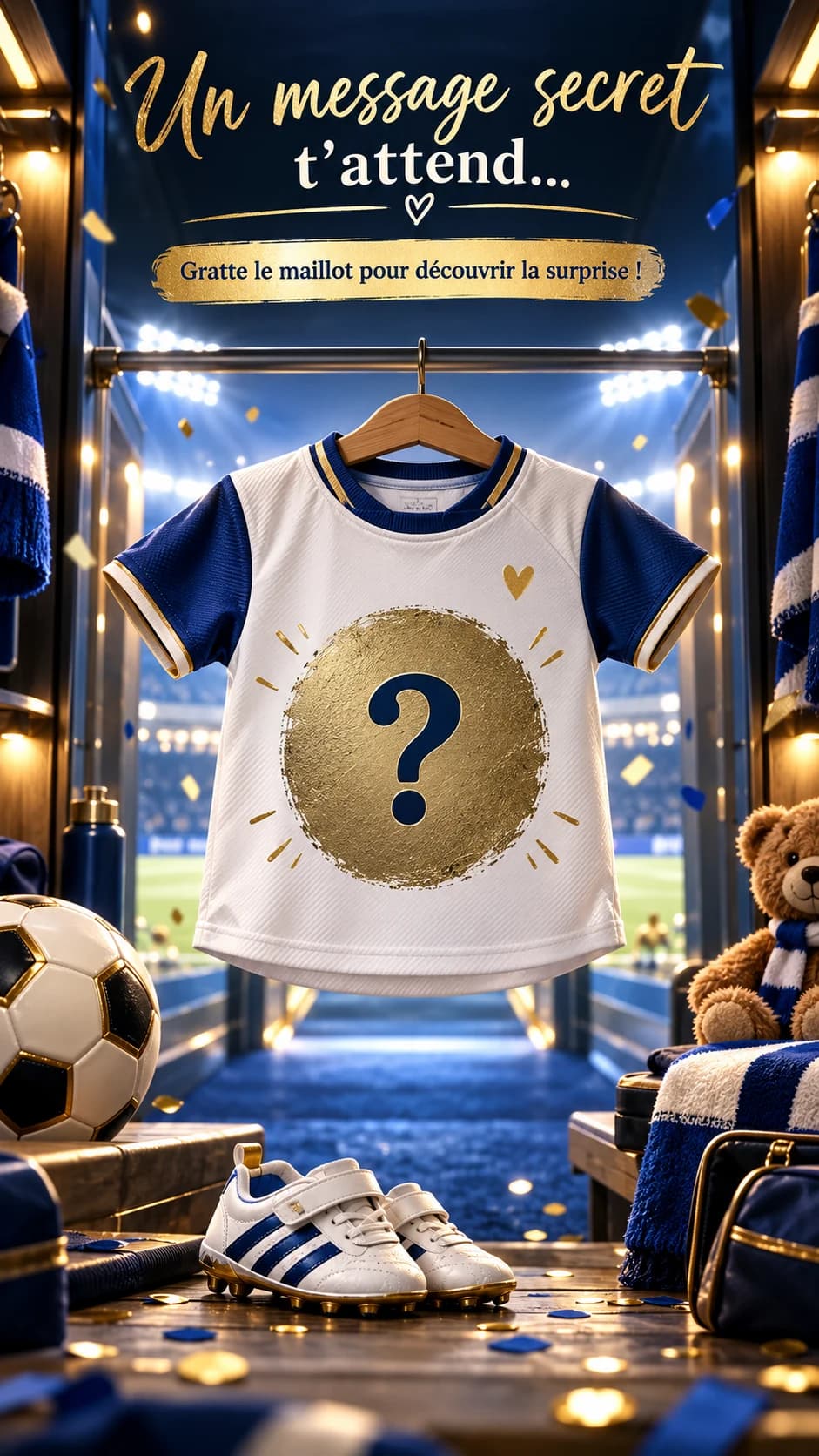 Petit maillot de foot bleu et blanc au disque doré « ? », ballon, crampons et stade illuminé, titre « Un message secret t'attend… »