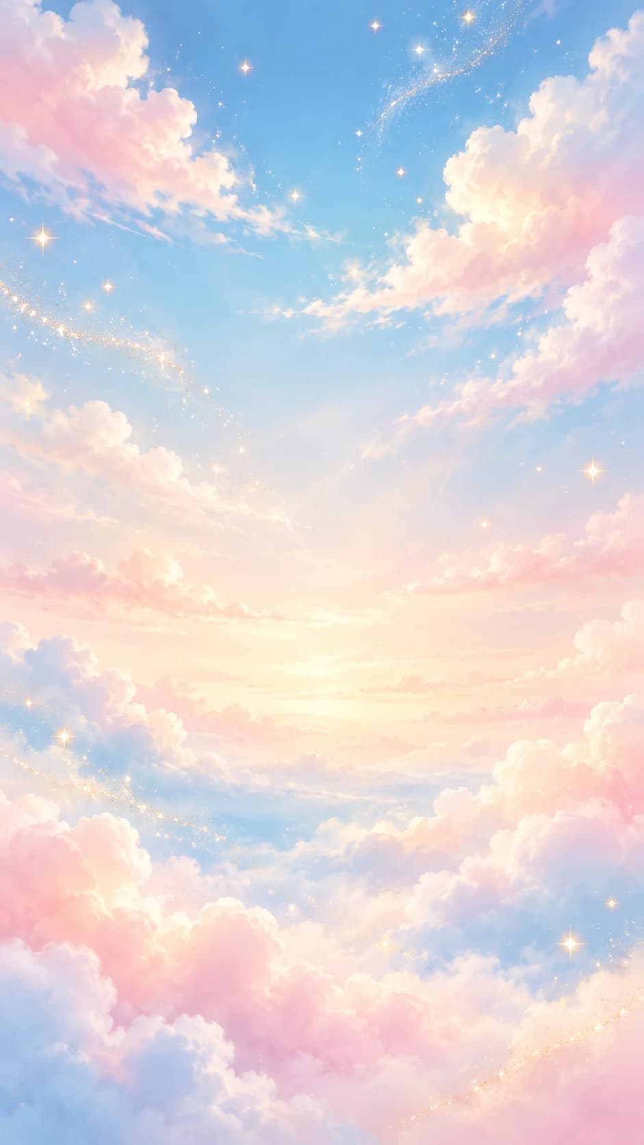 Ciel pastel rose et bleu, nuages moelleux et paillettes dorées, où montent des ballons